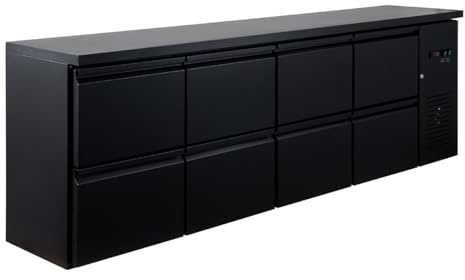 GastroHero Barkühltisch, 687L, Gastronomie, 230 V, Schwarz BKT-ECO0/8 | 8 Schubladen je 30 kg Traglast, +2°C bis +8°C, LED-Innenbeleuchtung, Digital, 3 Rollen & 3 Füße, automatische Abtauung