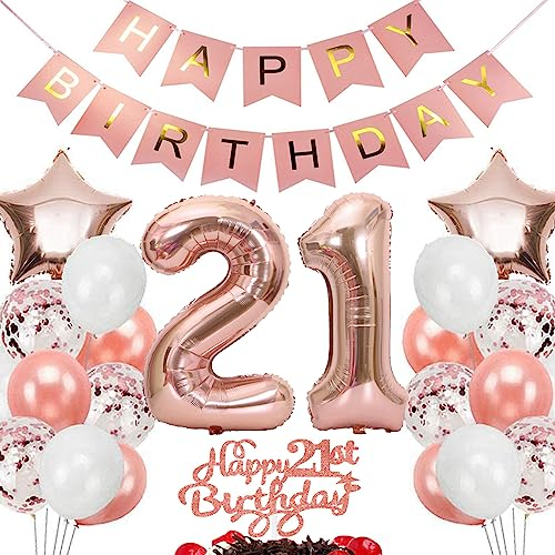 Feelairy Geburtstagsdeko 21 Jahre Mädchen, Rosegold Luftballon 21. Geburtstag Deko Mädchen, Tortendeko Happy 21th Birthday Deko 21 Jahre Mädchen, Ballon 21. Geburtstag Kinder Party Dekoration Set