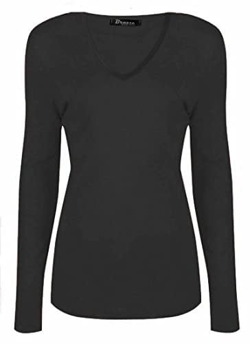 Ladies Womans Basic Long Sleeve Plain V Neck Stretch Top T Shirt Plus Size 8-26 (26, Black)