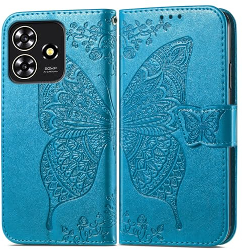 JIUNINE Hülle für ZTE Blade A73 4G, Handyhülle Leder Flip Case mit Schmetterling Muster [Kartenfach] [Magnetverschluss] Schutzhülle Tasche Cover Lederhülle für ZTE Blade A73 4G, Blau