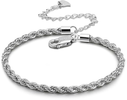 Dankadi Bracelet de Cheville en 925 Argent 3MM 4MM 4.5MM 5MM 6MM, Chaîne 27CM 30CM Chopin Torsadé Cubain Boîte Rolo Serpent Fermoir Figaro Cadeau Bijoux pour Femme