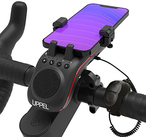 UPPEL Enceinte Bluetooth Vélo Haut Parleur Exterieur pour Bluetooth V5.1 5000mAh Banque de Puissance/Lumière/Sonnette/Support Téléphone de Vélo Appel Mains Libres Carte TF 10 en 1 Fonction