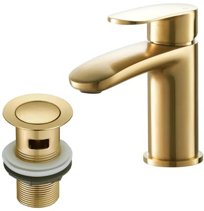 Basin Mixer Tap with Drain, BATHWEST Brass Bathroom Sink Taps with Waste, Modern Bathroom Taps with Pop Up Waste 492GO (Gold, Large)