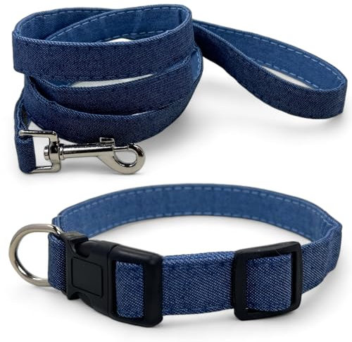 MIJOMA Hundeleine und Hundehalsband Set - 1,20m Leine, verstellbares Halsband, Verschiedene Designs, robust und stilvoll (blau Jeansstoff)