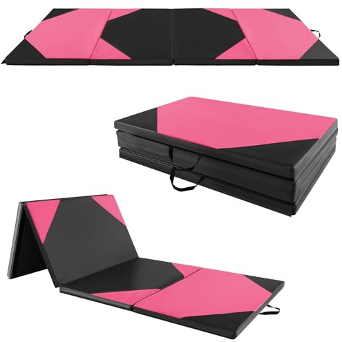COSTWAY Tapis de Gymnastique Pliable Épais à 4 Panneaux (Rose et Noir)