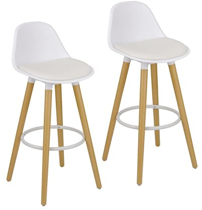 Baroni Home Lot de 2 TabouretS de Bar avec Dossier et Coussin, Haute Chaise avec Repose Pieds - Design Moderne en PU et Bois Acier pour Maison et Restaurant, 40x42x92 cm, Blanc, 2 pièces