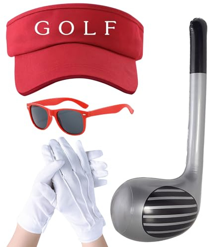 UILYNIU 4 Stück Golf Fasching Kostüm Zubehör, 76 cm Aufblasbare Golfschläger Rot Visor Hüte Handschuhe Sonnenbrille, Karneval Verkleidung Kostüm für Herren Damen Golf Party Kneipen Kleidung