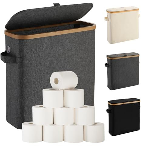Toilettenpapier Aufbewahrung Korb mit Deckel aus Bambus für Mega Toilettenpapier, Toilettenpapier Stehend Klopapier Aufbewahrung Box Bad WC-Papier Badezimmer Organizer, Ersatzrollenhalter, Grau