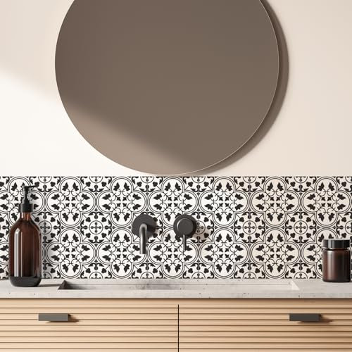 Alwayspon Tile Sticker, Black and White Pattern Self Adhesive Stick on Floor Tiles Transfer for Bathroom Kitchen, Splashback, Peel and Stick Vinyl Flooring Tiles Sticker, 24PcsX15cm/6inch
