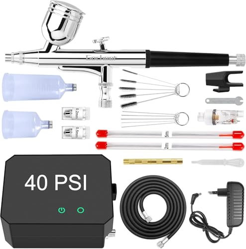 Powate 40 PSI Kit Airbrush Aerografo con Compresor Dual Action 3 Modos y Boquillas de 0,2/0,3/0,5 mm Para Nail Art, Manualidades, Decoración de Tartas y Diseño de Uñas,Negro