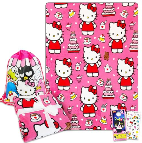 Hello Kitty Fleece Blanket and Cinch Bag Set - Bundle with Soft Hello Kitty Blanket Plus Cinch Bag, Stickers, More for Kids, Adults, Children | Cozy Hello Kitty Fleece Blanket 50 x 70