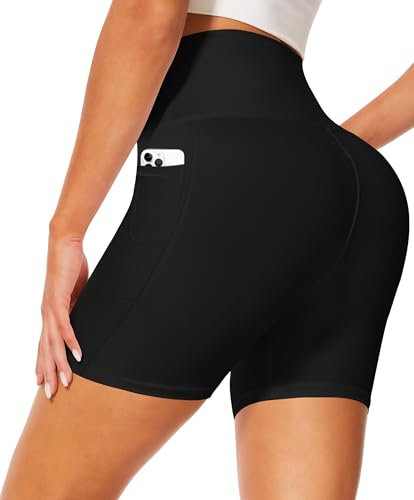 FuelMeFoot Radlerhose Damen Kurze Sporthose High Waist Shorts Leggings Unterhosen Sommer Leggins Fitness Hotpants Gym Bike. A01-Schwarz mit Taschen S/M