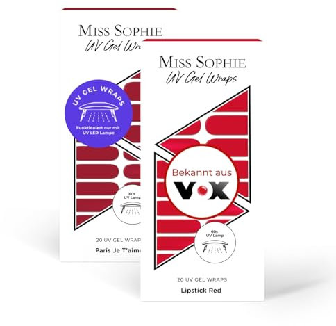 Original Miss Sophie UV 2er Set I Nagelaufkleber in Paris Je T'aime UV & Lipstick Red UV I Selbstklebende UV Nagelfolien I Kein Absplittern I Langer Halt I Schnelle & einfache Anwendung