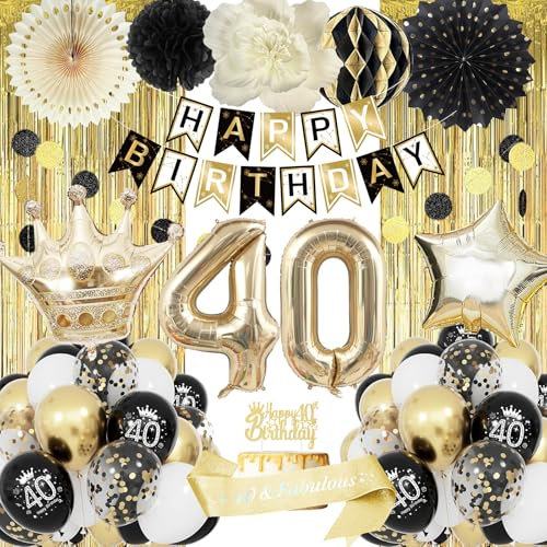 40 Geburtstag Deko Mann Frau, Luftballon 40. Geburtstag Deko Schwarz Gold, Geburtstagsdeko Mann 40 Jahre, Happy Birthday Girlande, Folienballon Zahl 40