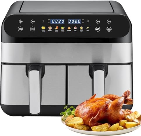 PRIJESSE Double Air Fryer, 9L With 2 x 4.5L Independent Baskets, 1800W Dual Zone Air Fryer, Family Size Healthy Oil-free Air Fryer Oven, with Cookbook & 8 Presets & Digital LED Display