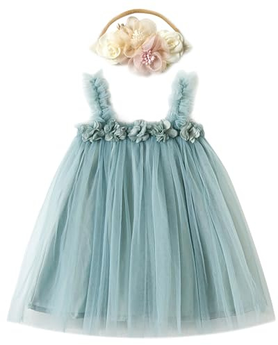 Miipat Bebés Niña Vestidos de Princesa de Tul Tutú para Niños Pequeño Vestido con Diadema de Flores para Fiesta de Cumpleaños Sesión de Fotos Azul Claro 100 2-3 Años