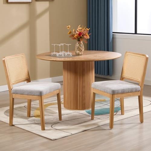 chairus 2er Set Esszimmerstühle Chenille Küchenstühle mit Rattan Rückenlehne Retro Holz Akzentstühle Polsterstühle für Esszimmer Küche Wohnzimmer (Grau-2)