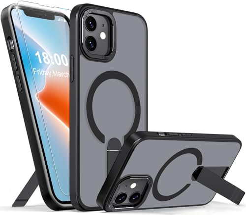 Giyer Magnetisch Handyhülle für iPhone 11 Hülle mit Schutzfolie, Ständer Schutzhülle für MagSafe, Durchscheinende Matt Hart Rückseite Stoßfest Case Cover (Schwarz)