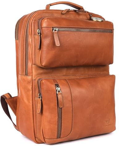 DE LAMASSU® Alfred Laptop Rucksack aus echtem Leder – Business Rucksack für Damen & Herren – bis 17 Zoll – Trolley-Gurt, Vintage Look, Luxus Geschenkbox (Cognac)