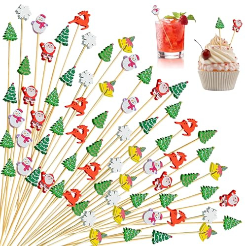 KASESSS 100 Stück Weihnachten Cocktailspieße, Holz Zahnstocher, 12 cm Spieße Fingerfood, Weihnachtsparty Cocktail Deko Zubehör, Cocktails Sticks für Weihnachtsfeier Essen Trinken Dekoration 8 Muster