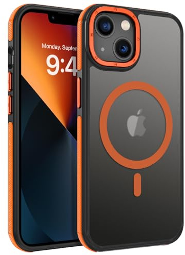 VENINGO Magnetic for iPhone 13 Case,for iPhone 14 Case,Upgraded[14FT Military Grade Protection][Fit for MagSafe] Slim Translucent Matte Shockproof Phone Cover with Side Grippy Stripes, Orange
