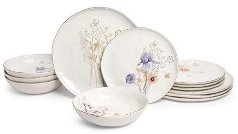 Sango 12-Piece Luxury Porcelain Dinnerware Set for 4- Glossy White Plates and Bowls Sets with Wildflower Patterns and Gold Rims, Ceramic Dish Set, Elegant Dishes for Everyday Dining, Gansevoort