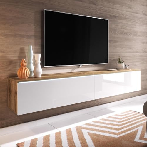 FWStyle 1.8M 2 Door Wotan Oak & White Gloss TV Media Unit with LED – Wall Mounted or Freestanding TV Stand – Modern Oak & Gloss Finish, Drop-Down Doors, Ambient LED Lighting – 180cm Wide