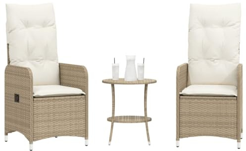 Teenpull Gartensessel 2er Set, Verstellbar, Beige Poly Rattan, mit Tisch, Outdoor Relaxsessel für Garten & Terrasse, UV-beständig, pflegeleicht, langlebig