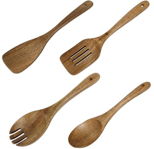 Rebanky 4 Piezas Utensilios de Cocina de Acacia Madera Cucharas y Espátulas | Juego para Ensaladas, Pasta y Servicio de Mesa en Casa o Restaurante; Incluye Piezas Ranuradas