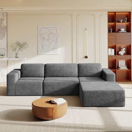 Vesgantti Modulares Cord-Ecksofa in Grau, 303 cm L-Form mit Schlaffunktion, Federkern und extra tiefer Sitzfläche, Flexibles Design mit beweglichem Fußhocker, kein Aufbau nötig