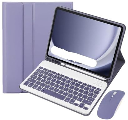 NXCVBNKZJ kuaijiexiaopu Lederhülle mit Stiftschlitz, Tastatur- und Maus-Set, geeignet for Samsung Galaxy Tab S10FE/S9 11 Zoll/S9FE 10,9 Zoll, universell(Dark Purple+Backlit KB+Mouse)