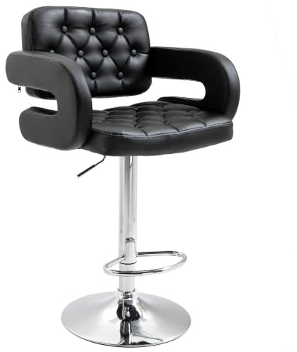 HOMCOM Barhocker Gepolstert mit Lehne Fußstütze 360° Drehbar Schwarz | Metallgestell, Höhenverstellbar, Barstuhl, Küchenstuhl, Tresenhocker, Küche, Wohnzimmer, Esszimmer