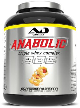 Addict sport nutrition - Anabolic whey - Protéine de lactosérum concentrée, isolée et hydrolysée - Protéine pure - BCAA - Glutamine - Croissance musculaire et récupération - 2kg - Straberry Banana