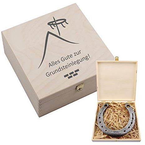 4youDesign Echtes Hufeisen in Holz-Geschenkschachtel Grundsteinlegung mit Gravur – 2 Hufeisennägel zum befestigen – Geschenk zum Einzug, Richtfest – Glücksbringer – 17x17x6,5cm