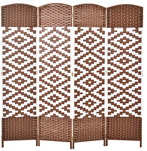 HOMCOM Paravent intérieur 4 Panneaux Pliables séparateur de pièce Bois de peuplier tressé Osier Marron Blanc