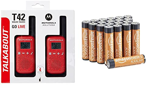 Motorola T42 Red - Walkie Talkie Pmr446, 16 Canales, Alcance 4 Km, Rojo, 2 Unidades + Amazon Basics - Pilas Alcalinas AAA De 1,5 Voltios, Gama Performance, Paquete De 20 (El Aspecto Puede Variar)