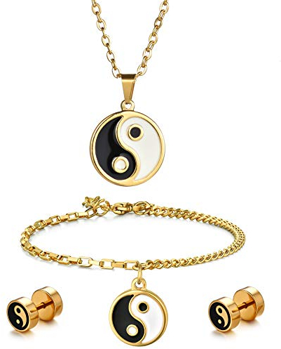 Flongo Ohrstecker Halskette Armband Set mit Tai Chi Yin und Yang Anhänger Ohrringe Armkettchen für Damen Herren-Accessoires Gold Gold 3 Stück Schmuckset
