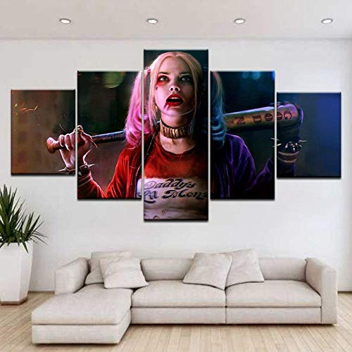 QIANJJ 5 Panel Painting Wandposter Moderne Wandkunst Selbstmordkommando Harley Quinn Film Bild wandbilder Kunstdruck Wohnkultur