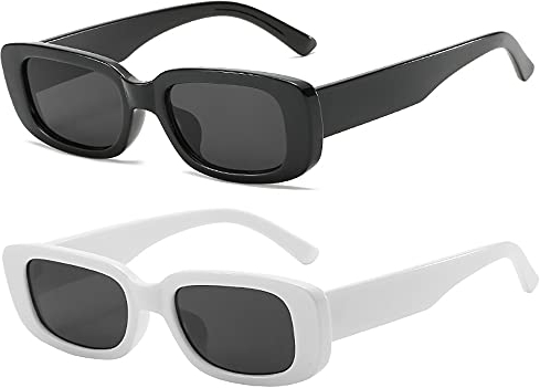 RUNHUIS Retro Rechteck Sonnenbrille Damen Herren Vintage Small Square Fashion Brille (Schwarz+Weiß)
