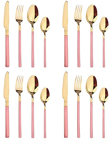 Stainless Steel Cutlery Set of 16 Pieces, 18/8 Stainless Steel Table Knife/Table Fork/Table Spoon/Tea Spoon ,Silver Ware Flatware Set for 4, Mirror Polished,Can Be Placed in The Dishwasher(Pink gold)