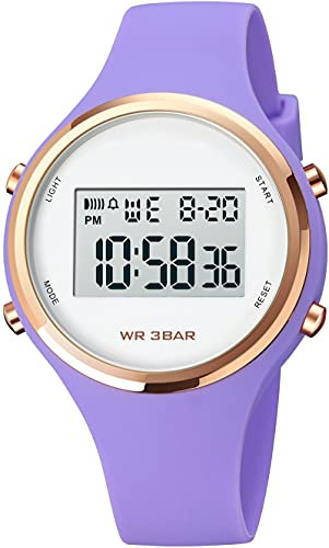 Montre numérique, pour femme et enfant, multifonctionnelle, en silicone, avec alarme lumineuse, chronomètre, or rose, lilas