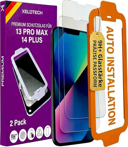 XELOTECH Schutzglas für iPhone 13 Pro MAX / 14 PLUS - Aus Panzerglas 9H+, 2 Stück mit neuer Schablone zur Positionierung.