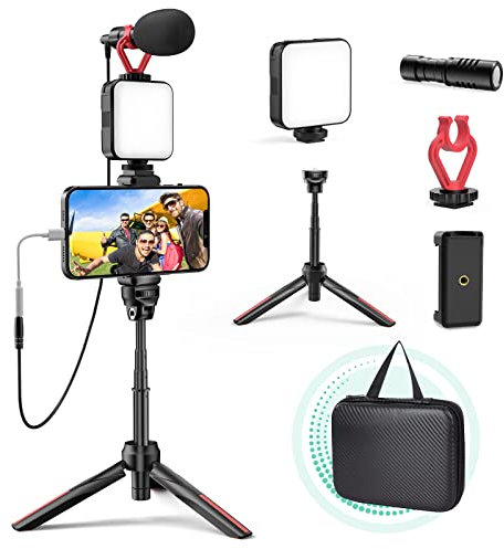 Smartphone Video Vlogging Kit with LED Light, Phone Holder, Microphone, Tripod, Carry Bag, TECELKS YouTube Starter Kit for iPhone/Android, Content Creator Kit for Video Recording Vlogging(Black)