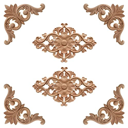 Gotetiso 6 Pezzi Applique Intagliato in Legno Fregio Legno D'Angolo Decalcomania Della Scultura in Legno Non Verniciata Decorazione Applique in Legno Mobili Intagliato Onlay Applique