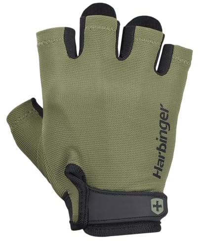 Harbinger Power 2.0 Gewichtheberhandschuhe – Gepolsterte Lederhandfläche, Atmungsaktiver Sitz, Handgelenkband, Zuglaschen – Grip & Schwielen Schutz für das Training – Unisex, Grün, Groß