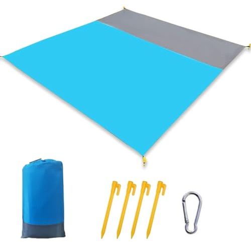 Stranddecke Sandfrei,Picknickdecke 210x200 cm,Campingdecke,Sandabweisend Maschinenwaschbar,für Wandern, Strand, Reisen und Picknick(Hellblau+Grau)