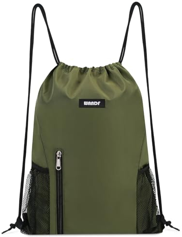 WANDF Drawstring Backpack Sports Gym Sackpack with Mesh Pockets Water Resistant String Bag for Women Men Children (Dark Green)