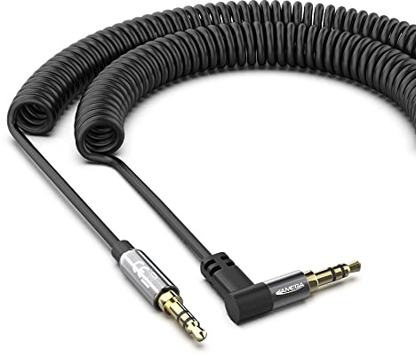 JAMEGA - Klinken Kabel 3.5mm Spiralkabel - Klinke Stereo Audio AUX Spiral Klinkenkabel gewinkelt 90° für Kopfhörer, Lautsprecher, MP3 Player, Auto, TV, Soundbar, Handy uvm - bis zu 2m