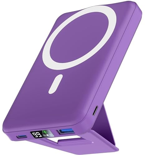 Podoru Wireless Power Bank, 10000mAh Faltbarer Magnetische Powerbank PD 22.5W Schnellladen mit LED Display, Akkupack for Magsafe Powerbank für iPhone 16/15/14/13/12 Pro/Pro Max/Plus/Mini (Dunkellila)