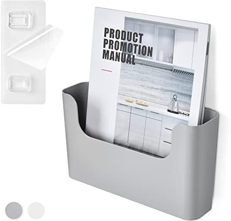 YOHOM Porte-Dossier Adhésif Pour Porte Organisateur de Courrier et de Magazines, Fixation Murale Pour Bureau, Simple Pochette (Gris-1)